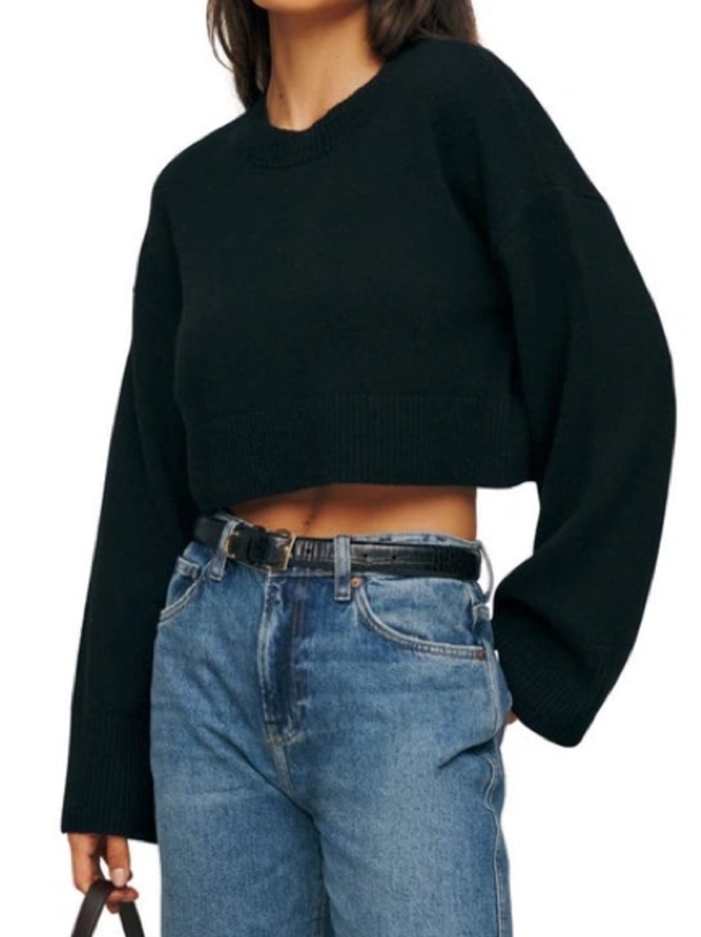 Reformation Black Cropped Crewneck Sweater